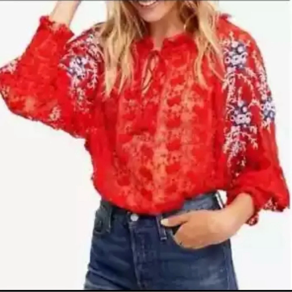 Free People Top Jubilee Floral Embroidered Blouse NWT Red - Picture 9 of 10